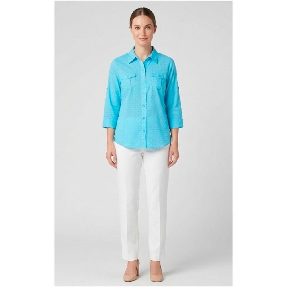Studio Works Petite Blue Swiss Dot 100% Cotton 3/4 Sleeve Button Down Shirt PL